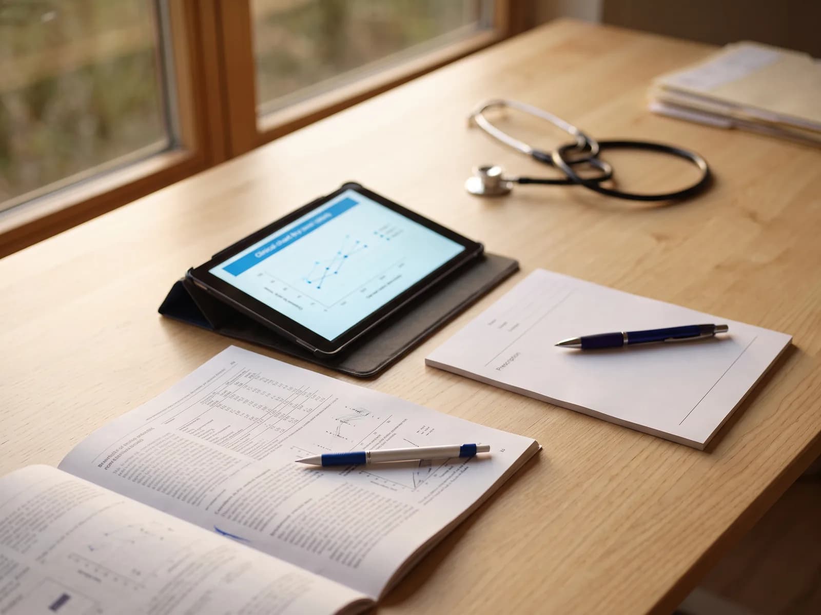 Um artigo cientifico impresso, um tablet com um grafico clinico e um bloco de prescricao, lado a lado na mesa